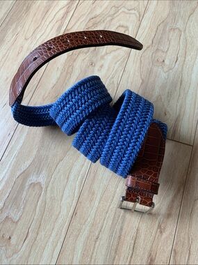 Bullock and Jones Men's Blue Woven  Belt with Brown Leather Trim